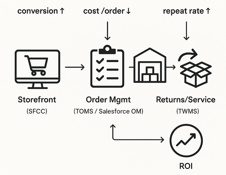 How does Tejas connect Commerce Cloud with post-purchase operations for ROI?